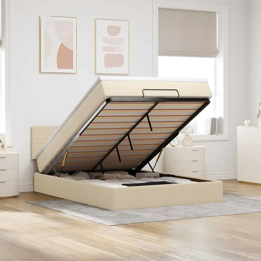 Lit ottoman avec matelas et LED crème 140x200 cm tissu