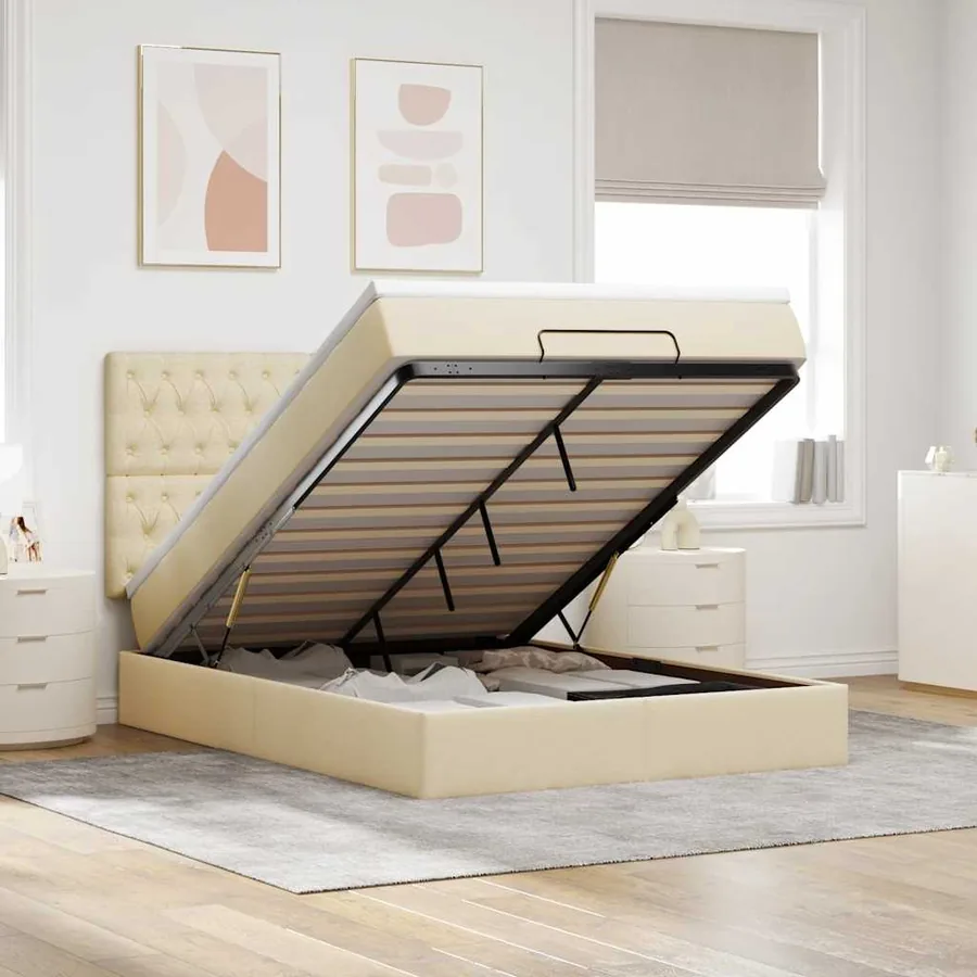 Cadre de lit ottoman avec matelas crème 140x200 cm tissu