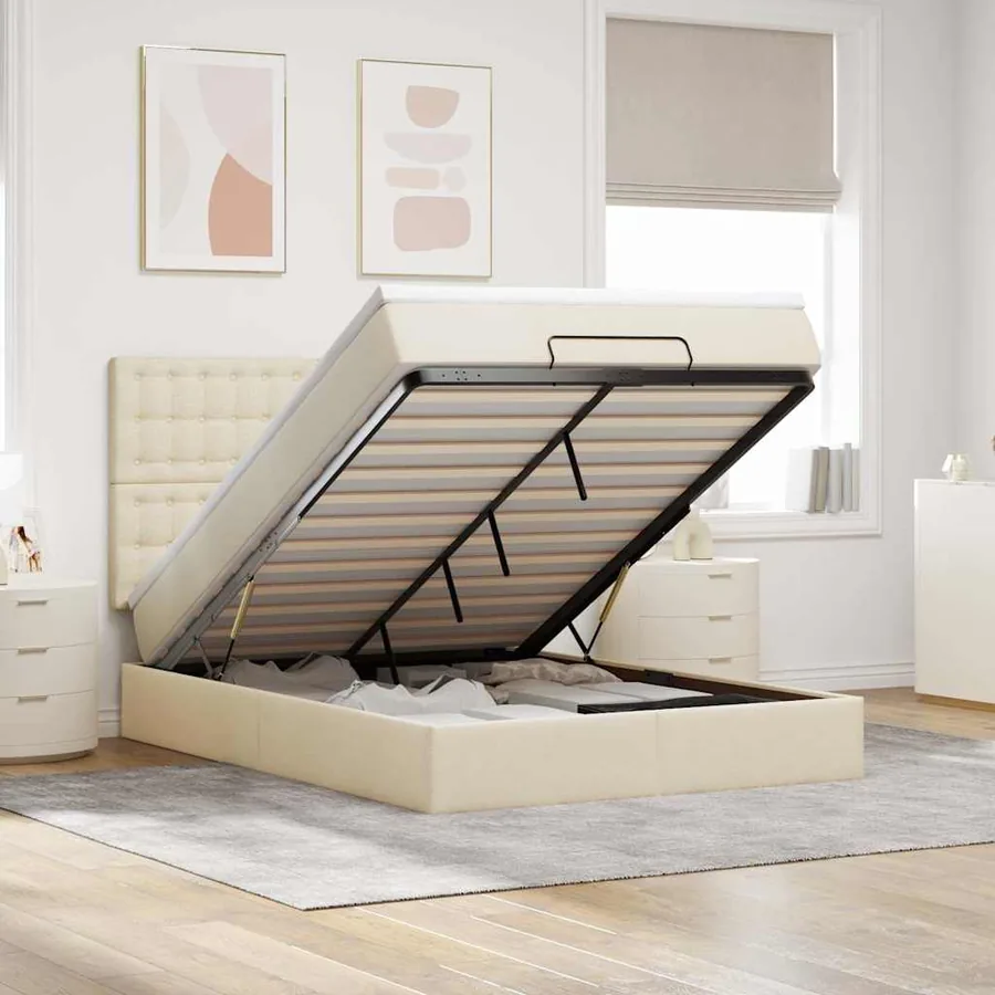 Cadre de lit ottoman avec matelas crème 140x200 cm tissu