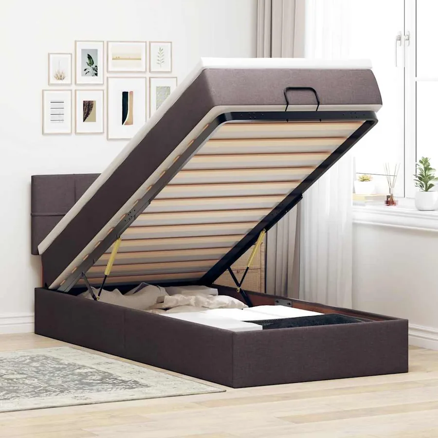 Lit ottoman avec matelas marron foncé 100x200 cm tissu