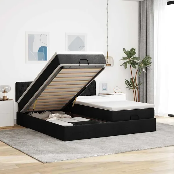 Cadre de lit ottoman avec matelas noir 200x200cm tissu