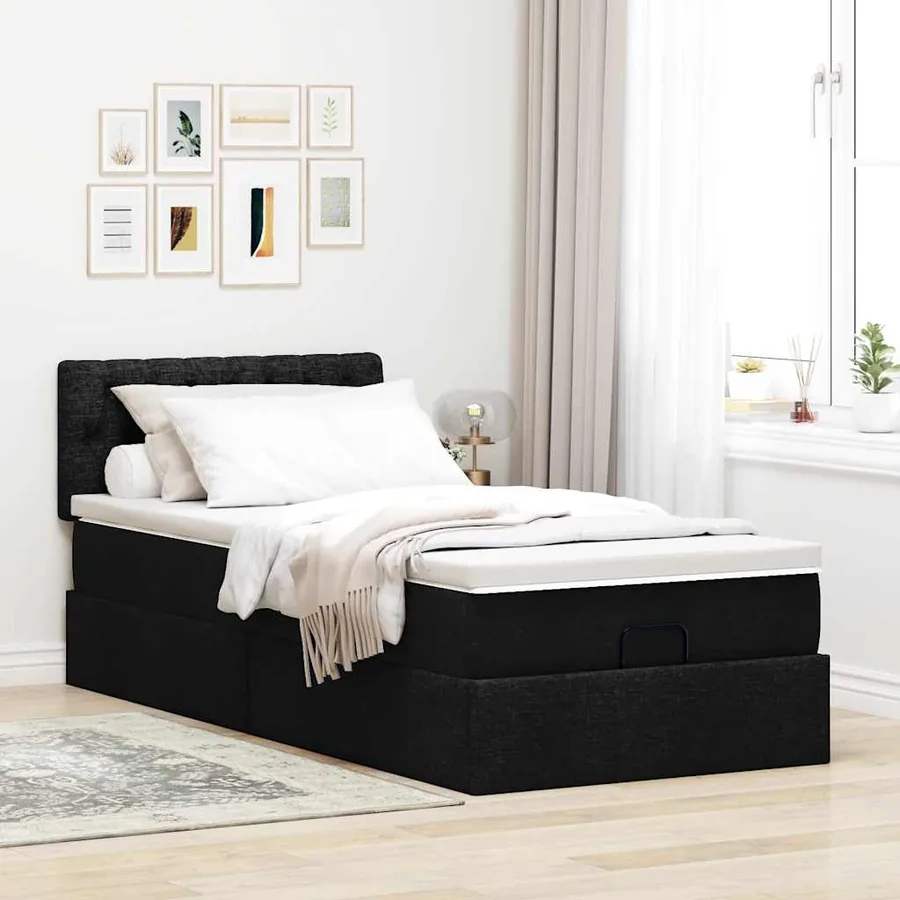 Lit ottoman avec matelas noir 100x200 cm tissu - 3