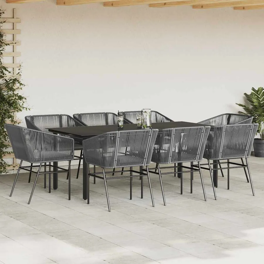 Ensemble à manger jardin coussins 9 pcs gris poly rotin verre - 3
