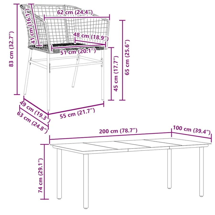 Ensemble à manger de jardin 9pcs noir poly rotin verre - 10