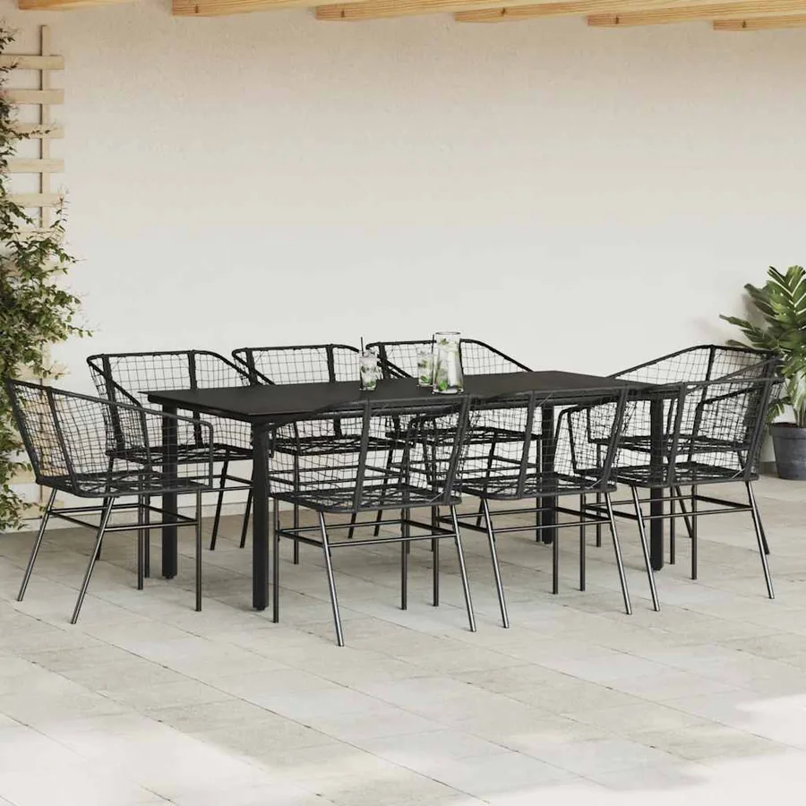 Ensemble à manger de jardin 9pcs noir poly rotin verre - 3