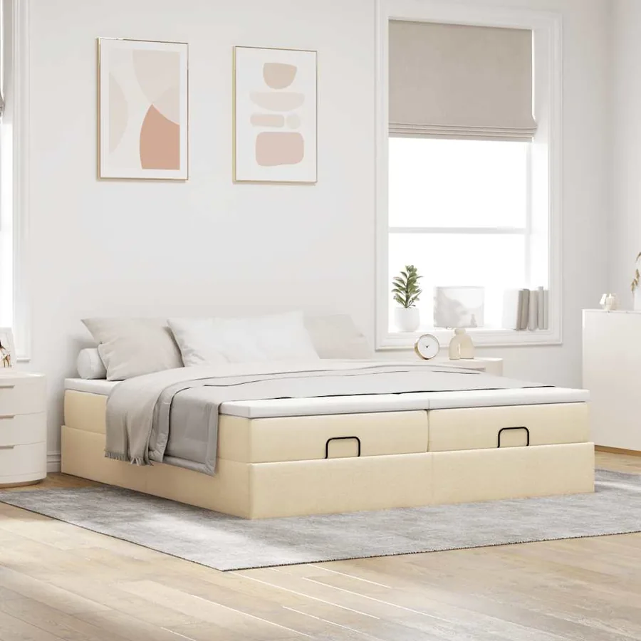 Cadre de lit ottoman avec matelas crème 200x200cm tissu - 3