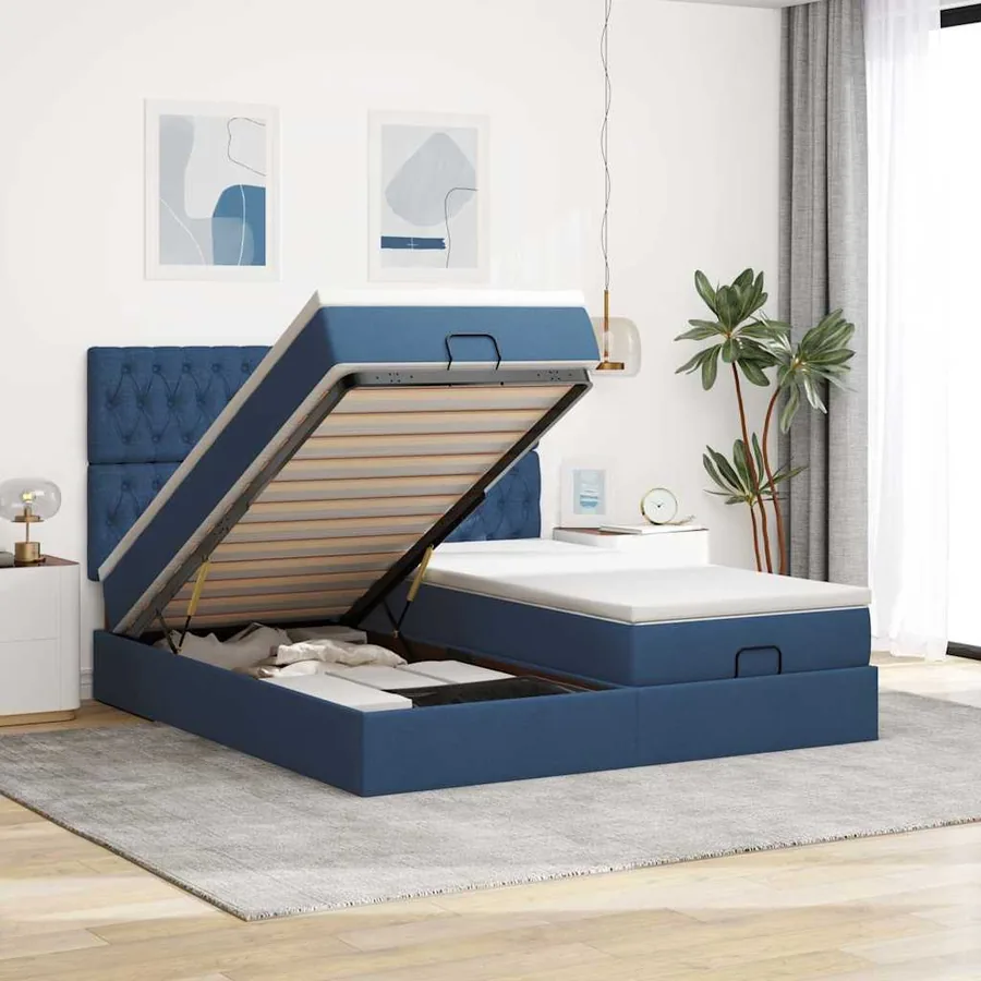 Cadre de lit ottoman avec matelas bleu 200x200cm tissu