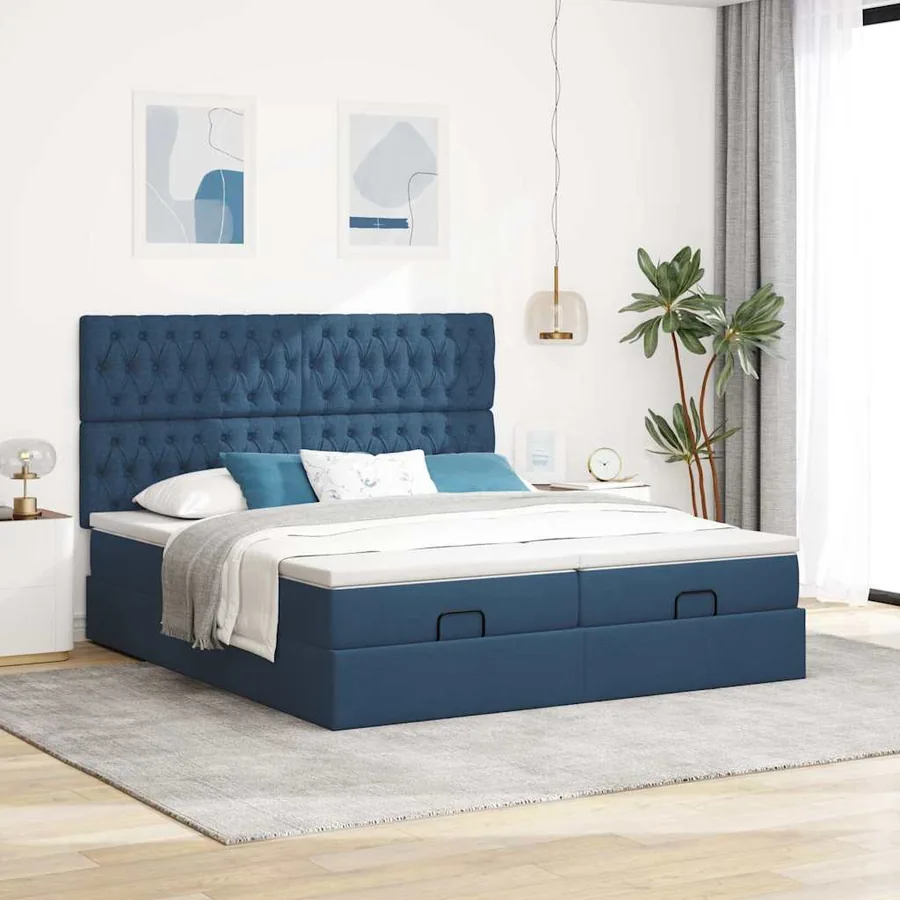 Cadre de lit ottoman avec matelas bleu 200x200cm tissu - 3