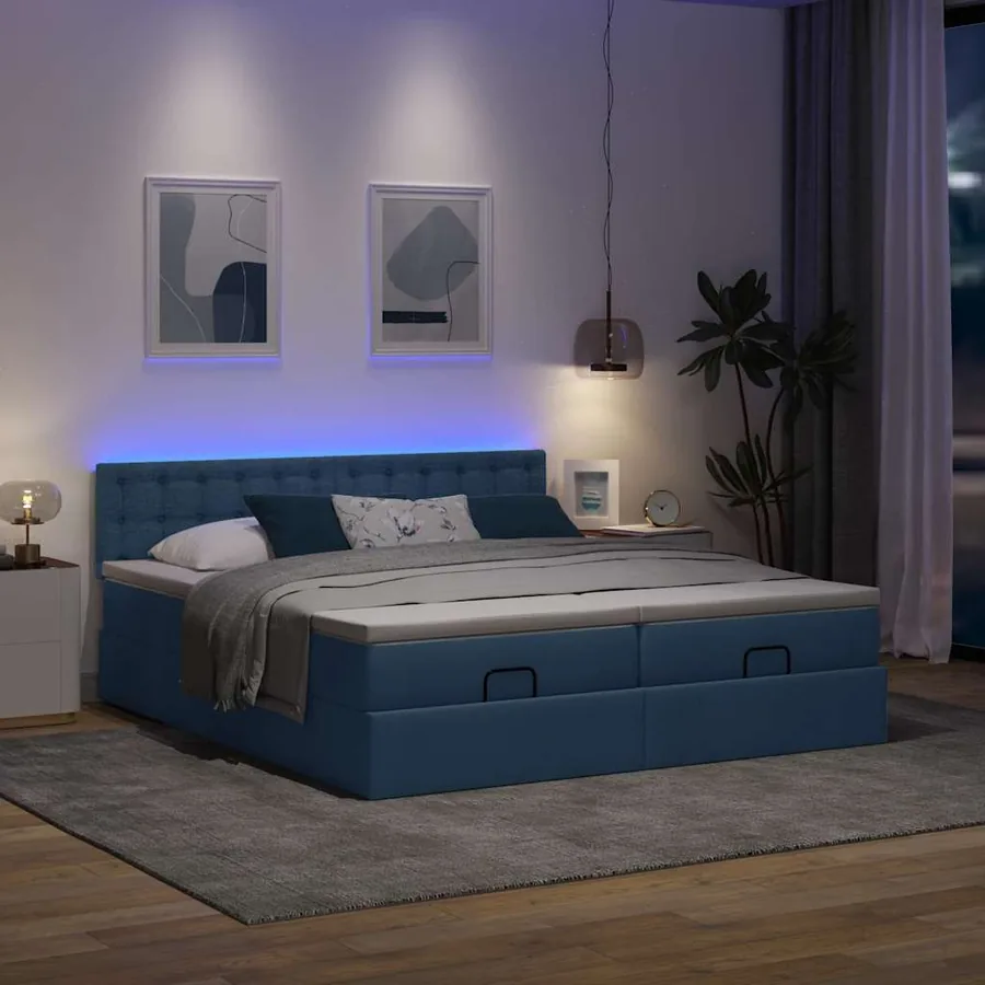 Cadre de lit ottoman avec matelas bleu 200x200cm tissu - 3