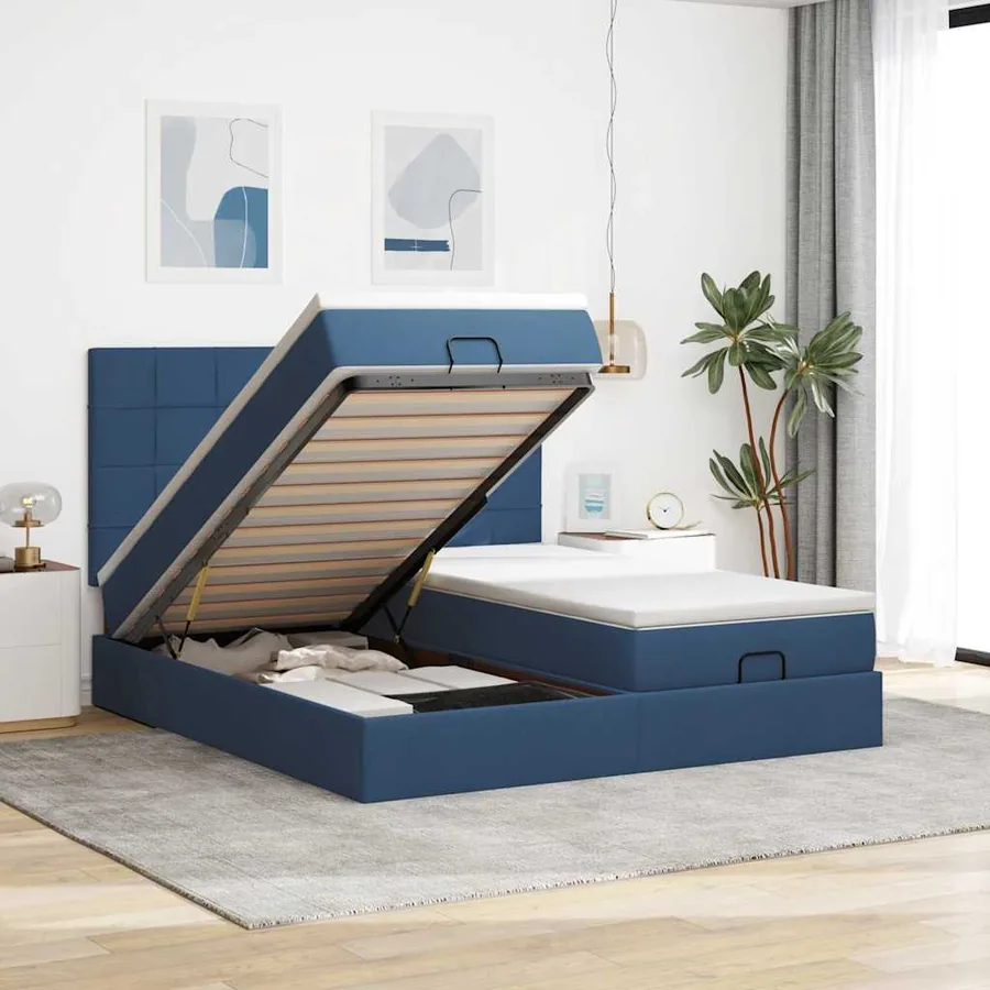 Cadre de lit ottoman avec matelas bleu 200x200cm tissu