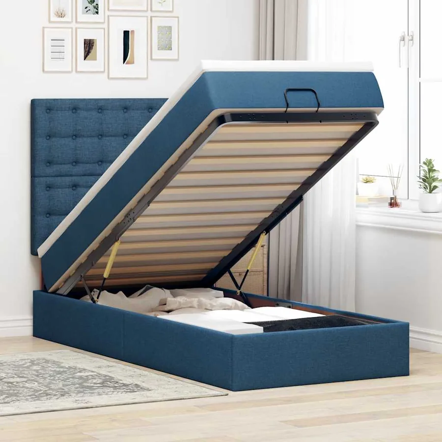 Lit ottoman avec matelas bleu 100x200 cm tissu