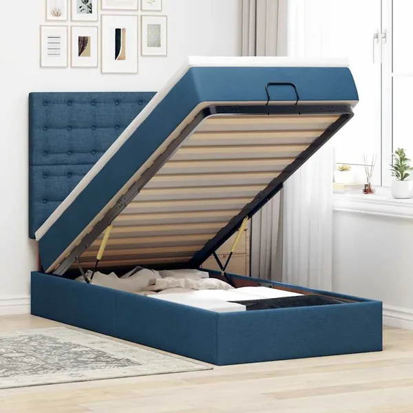 Lit ottoman avec matelas bleu 100x200 cm tissu