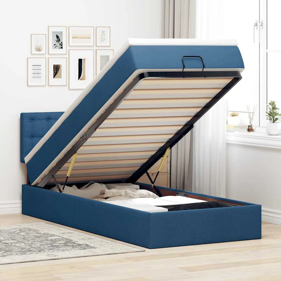 Lit ottoman avec matelas bleu 100x200 cm tissu