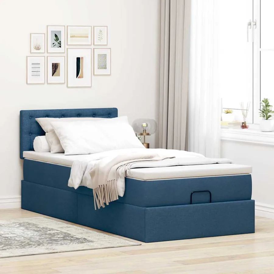 Lit ottoman avec matelas bleu 100x200 cm tissu - 3