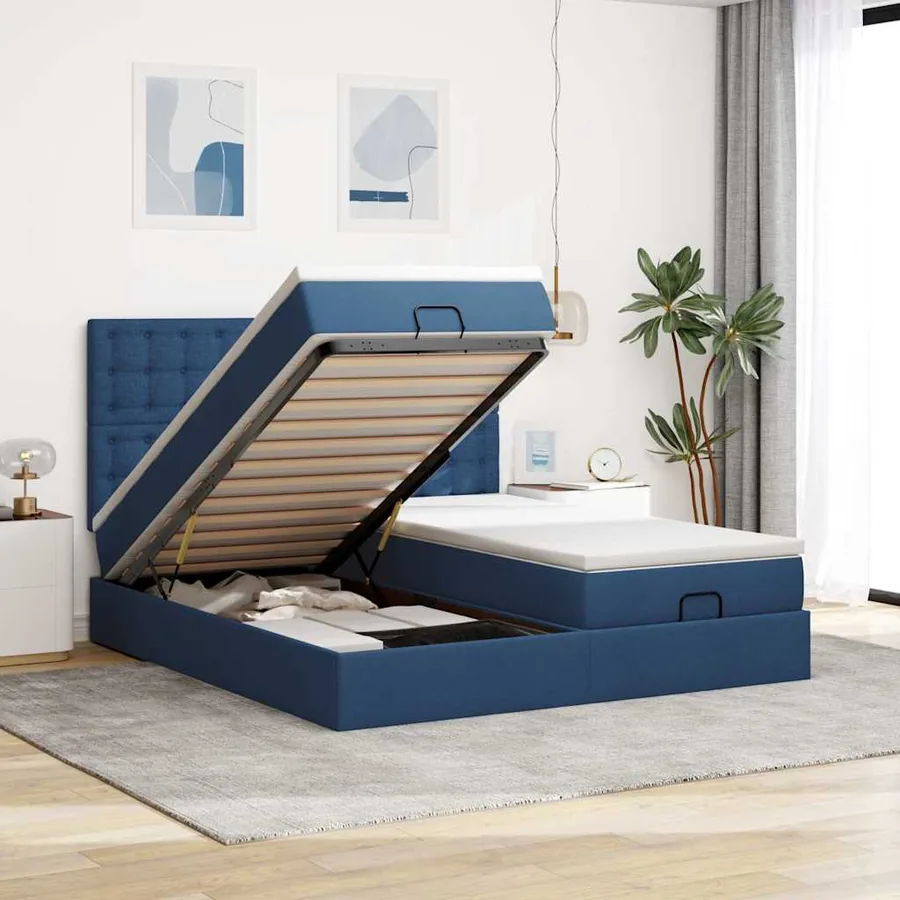 Cadre de lit ottoman avec matelas bleu 200x200cm tissu