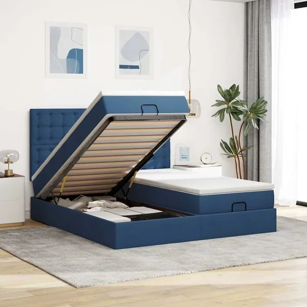 Cadre de lit ottoman avec matelas bleu 200x200cm tissu