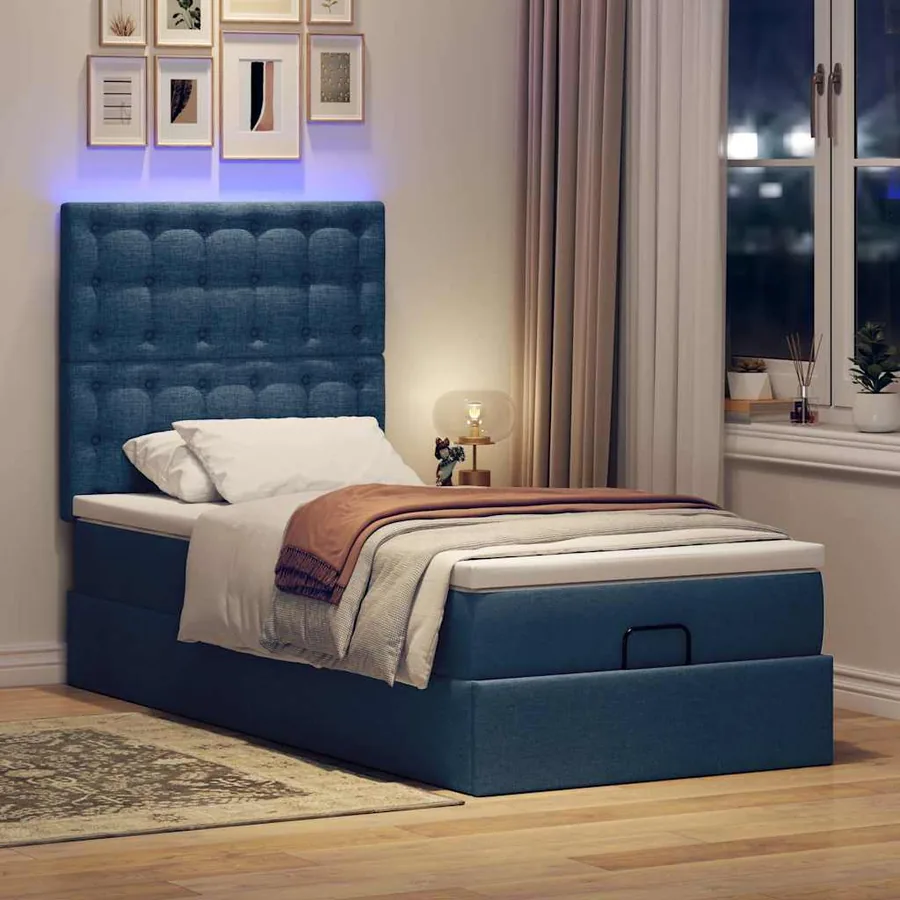 Lit ottoman avec matelas et LED Bleu 100x200 cm Tissu - 3