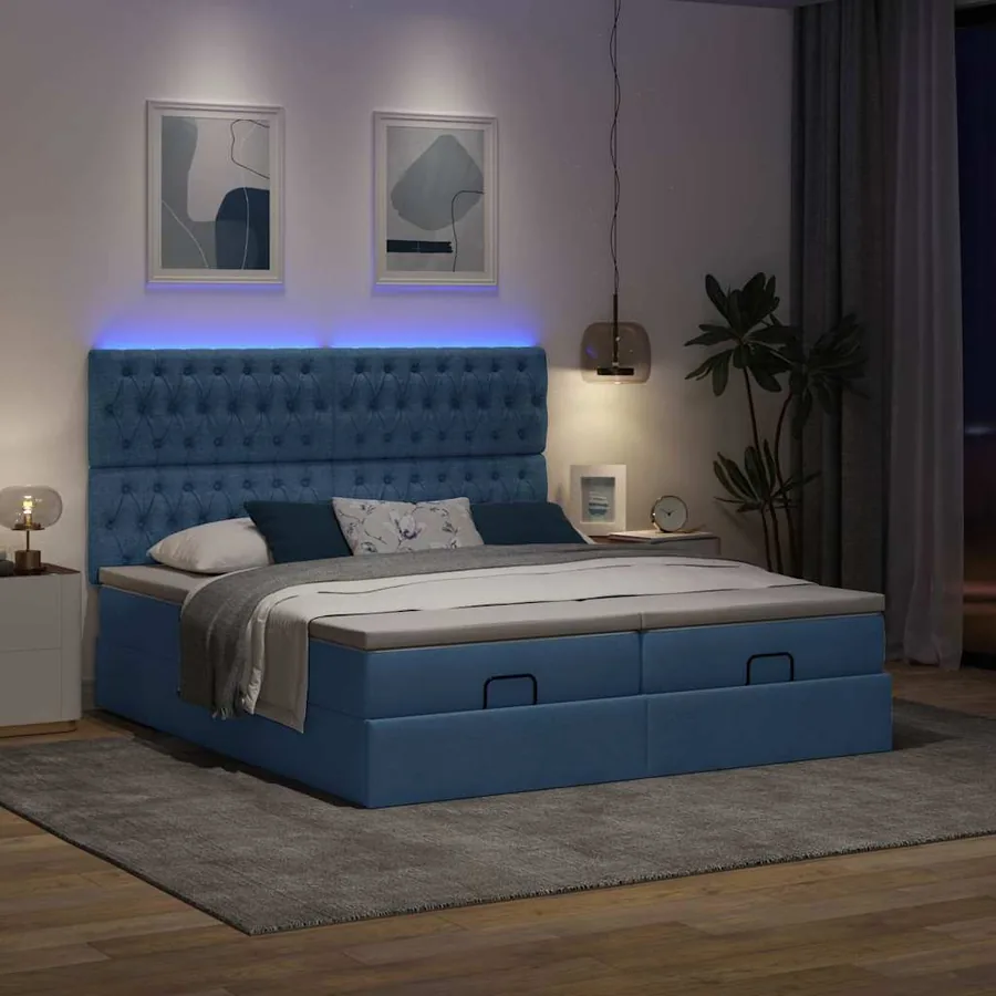 Cadre de lit ottoman avec matelas bleu 200x200cm tissu - 3