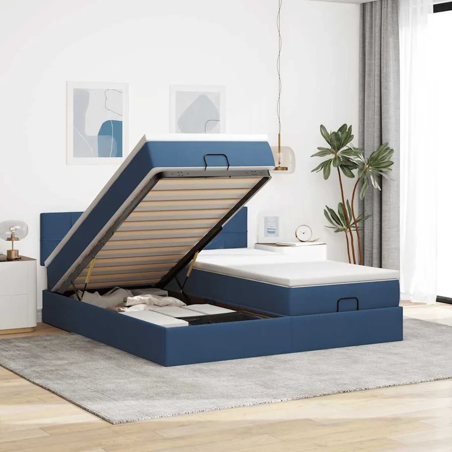 Cadre de lit ottoman avec matelas bleu 200x200cm tissu