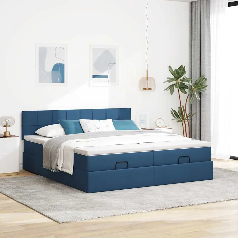 Cadre de lit ottoman avec matelas bleu 200x200cm tissu - 3