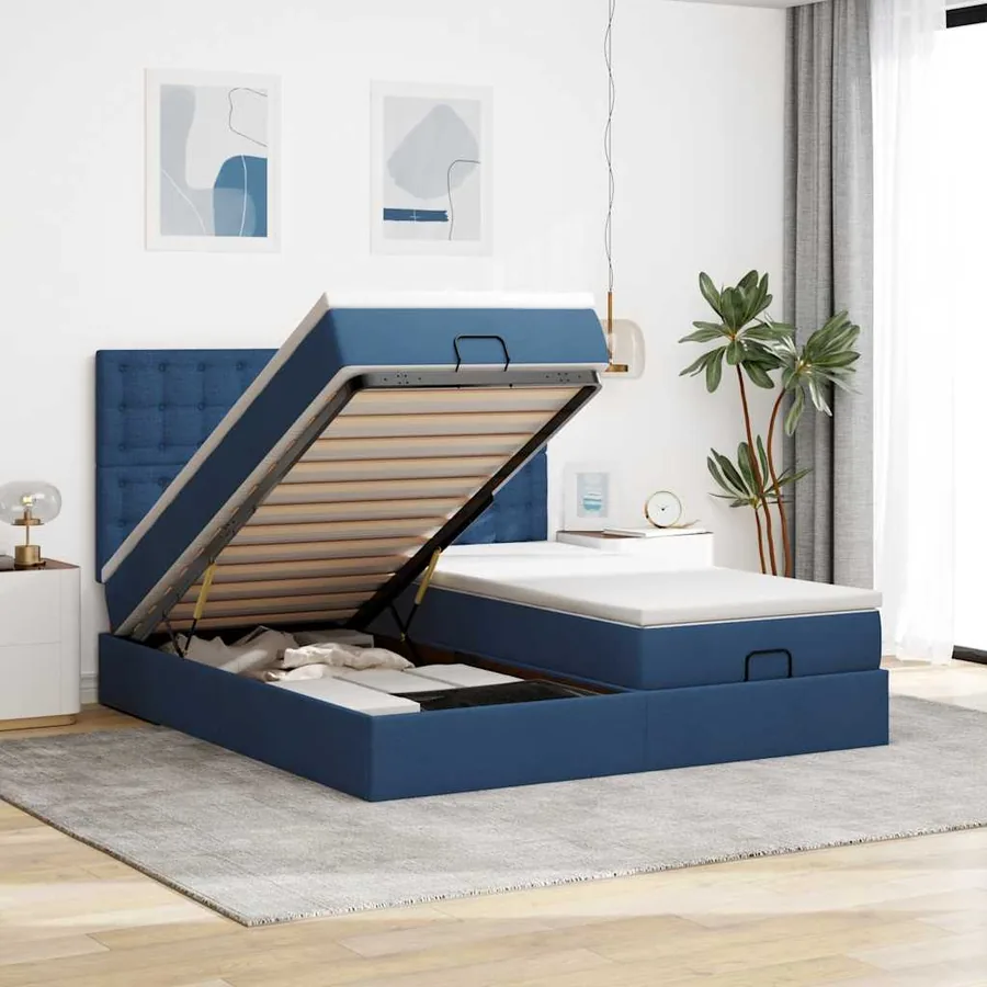Cadre de lit ottoman avec matelas bleu 200x200cm tissu