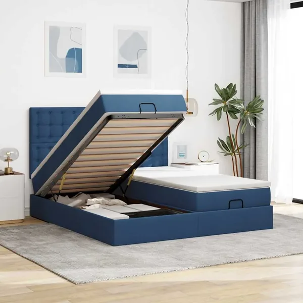 Cadre de lit ottoman avec matelas bleu 200x200cm tissu