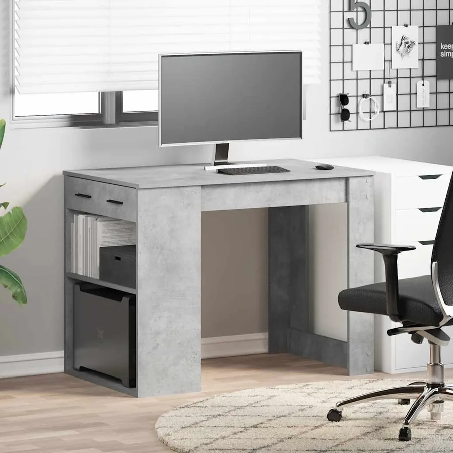 Bureau avec tiroir et étagère gris béton bois d'ingénierie - 3