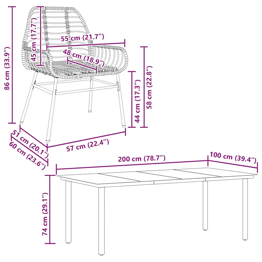 Ensemble à manger de jardin 9pcs noir poly rotin verre - 10