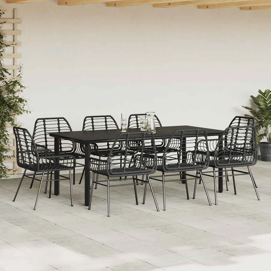 Ensemble à manger de jardin 9pcs noir poly rotin verre - 3