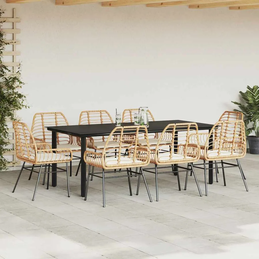 Ensemble à manger jardin coussins 9pcs marron poly rotin verre - 3