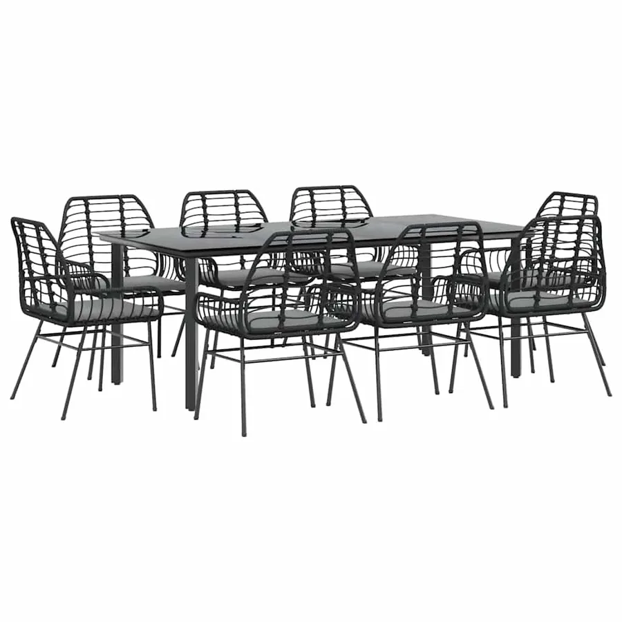 Ensemble à manger de jardin coussins 9pcs noir poly rotin verre - 2