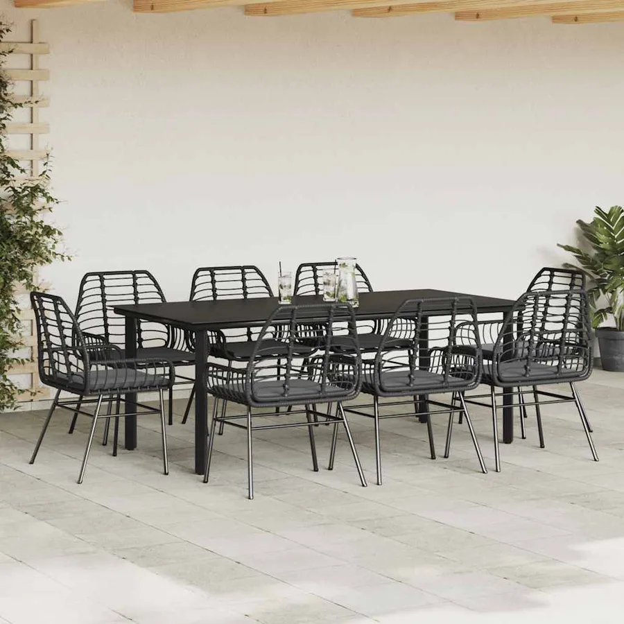 Ensemble à manger de jardin coussins 9pcs noir poly rotin verre - 3