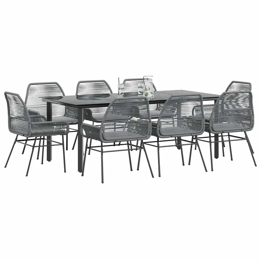 Ensemble à manger jardin coussins 9 pcs gris poly rotin verre