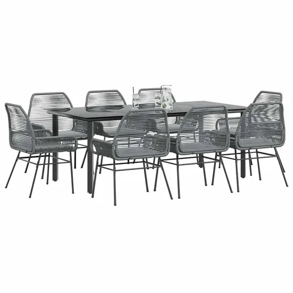 Ensemble à manger jardin coussins 9 pcs gris poly rotin verre