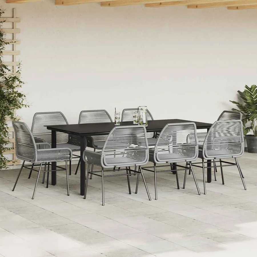 Ensemble à manger jardin coussins 9 pcs gris poly rotin verre - 3