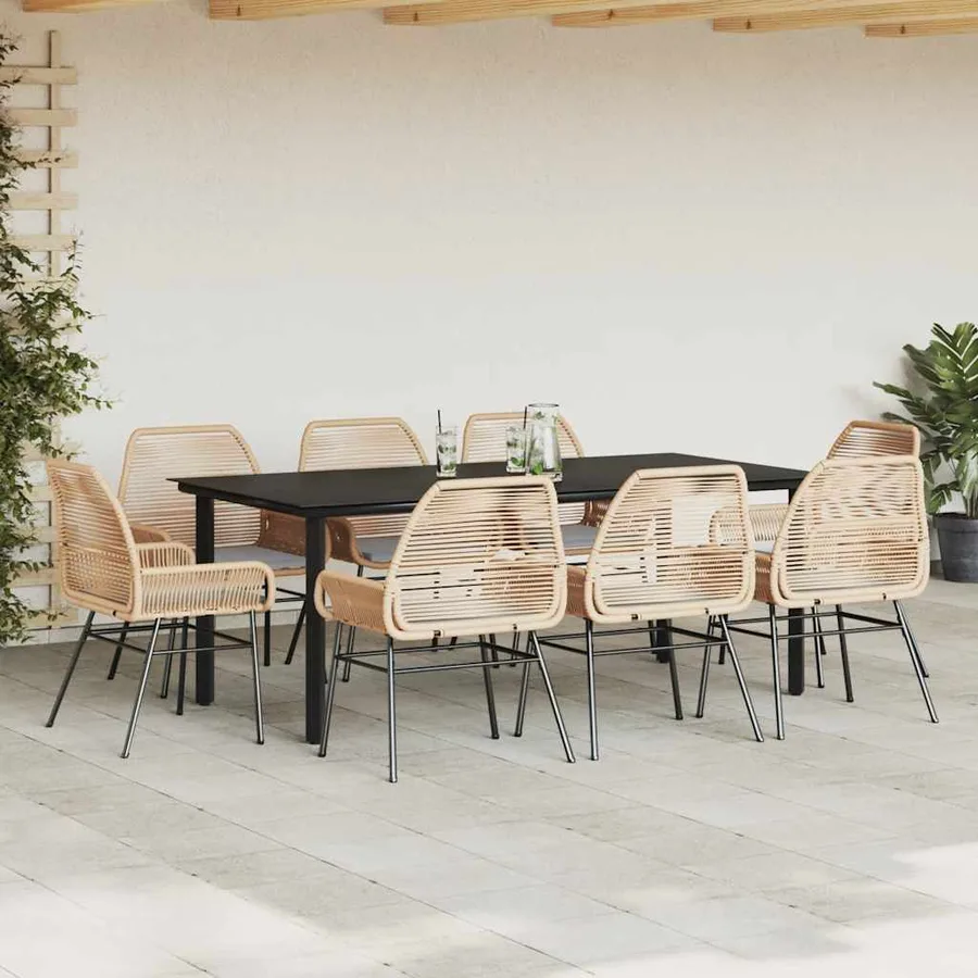 Ensemble à manger jardin coussins 9pcs marron poly rotin verre - 3