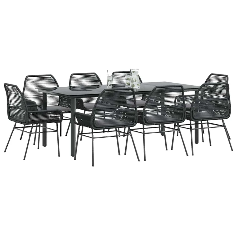 Ensemble à manger de jardin coussins 9pcs noir poly rotin verre