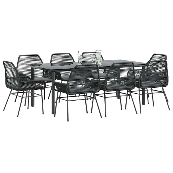 Ensemble à manger de jardin coussins 9pcs noir poly rotin verre