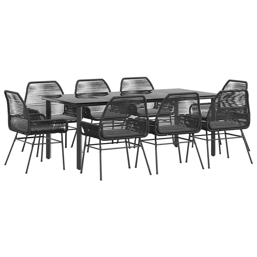 Ensemble à manger de jardin coussins 9pcs noir poly rotin verre - 2