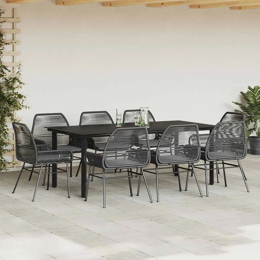 Ensemble à manger de jardin coussins 9pcs noir poly rotin verre - 3