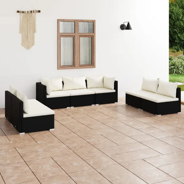 Salon de jardin 7 pcs avec coussins Résine tressée Noir