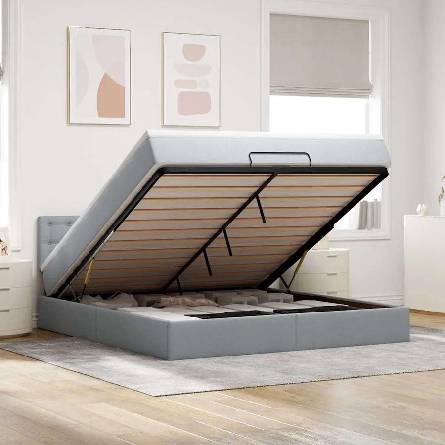 Lit ottoman avec matelas gris clair 160x200 cm tissu