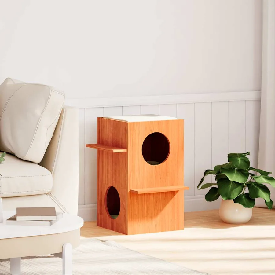 Maison pour chat cire marron 43x43x60 cm bois de pin massif - 2