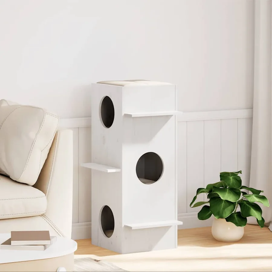 Maison pour chat blanc 43x43x90 cm bois de pin massif - 2
