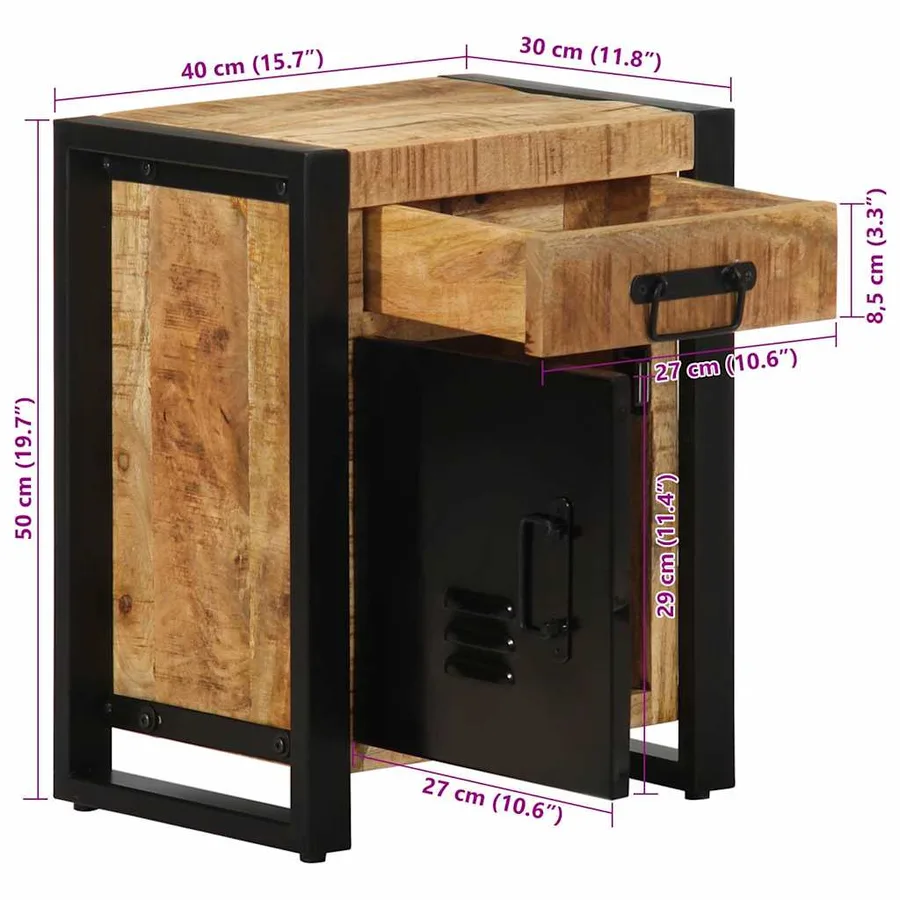 Table de chevet 40x30x50 cm bois massif de manguier brut - 13