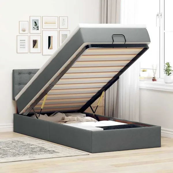 Cadre de lit ottoman avec matelas gris foncé 100x200 cm tissu