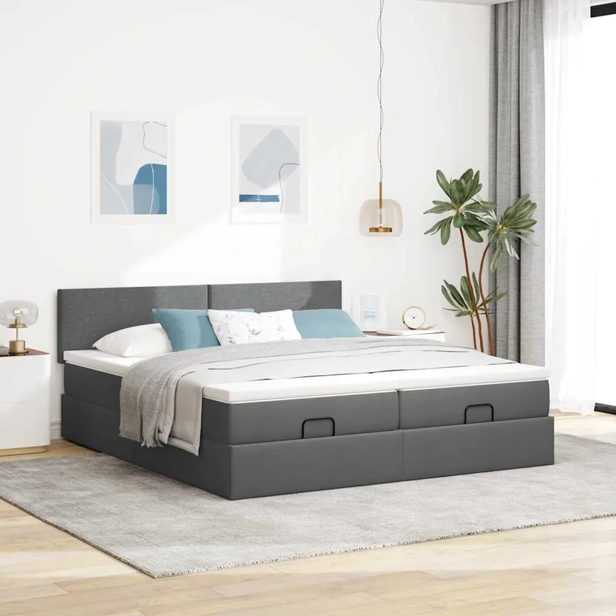 Cadre de lit ottoman avec matelas gris foncé 200x200cm tissu - 3