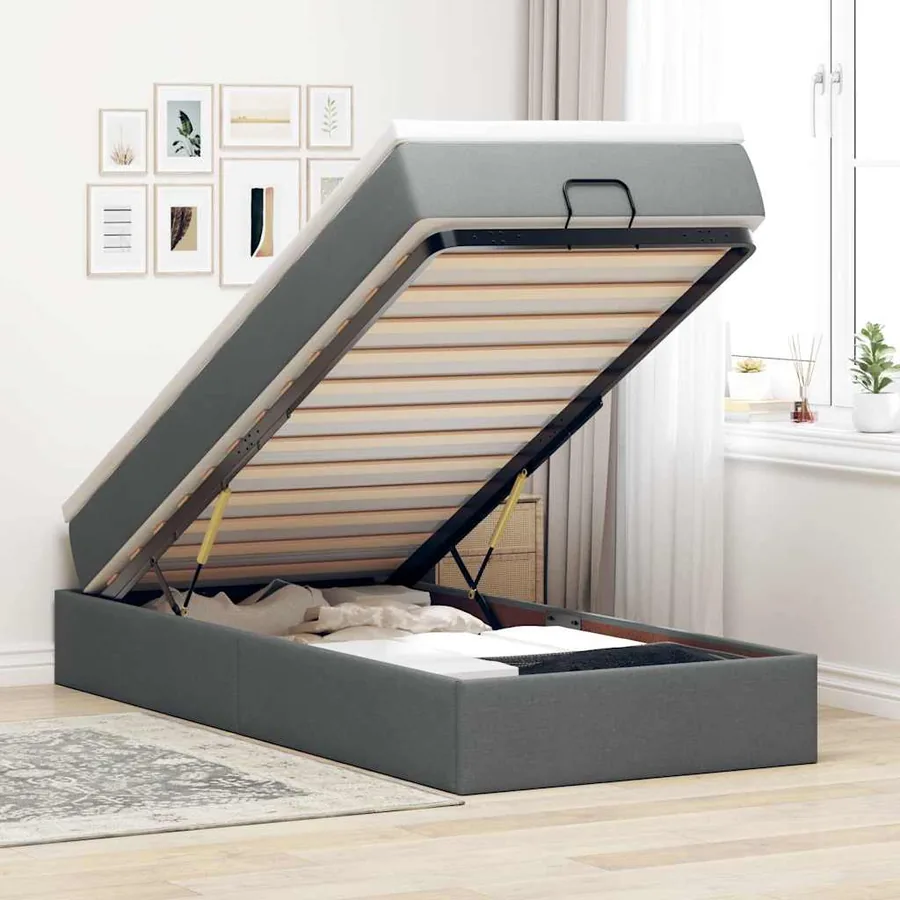 Cadre de lit ottoman avec matelas gris foncé 100x200 cm tissu