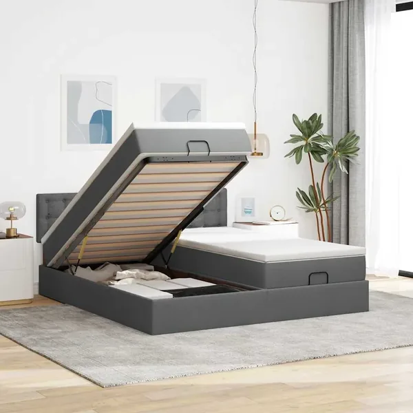 Cadre de lit ottoman avec matelas gris foncé 200x200cm tissu