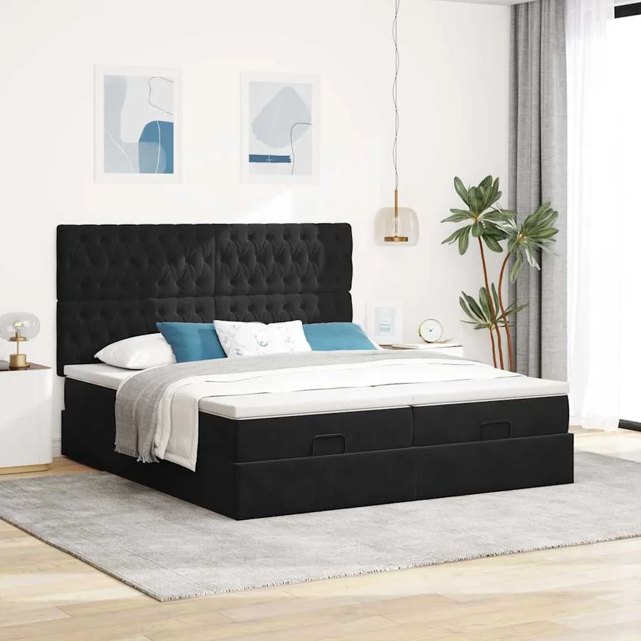 Cadre de lit ottoman avec matelas noir 200x200cm velours - 3